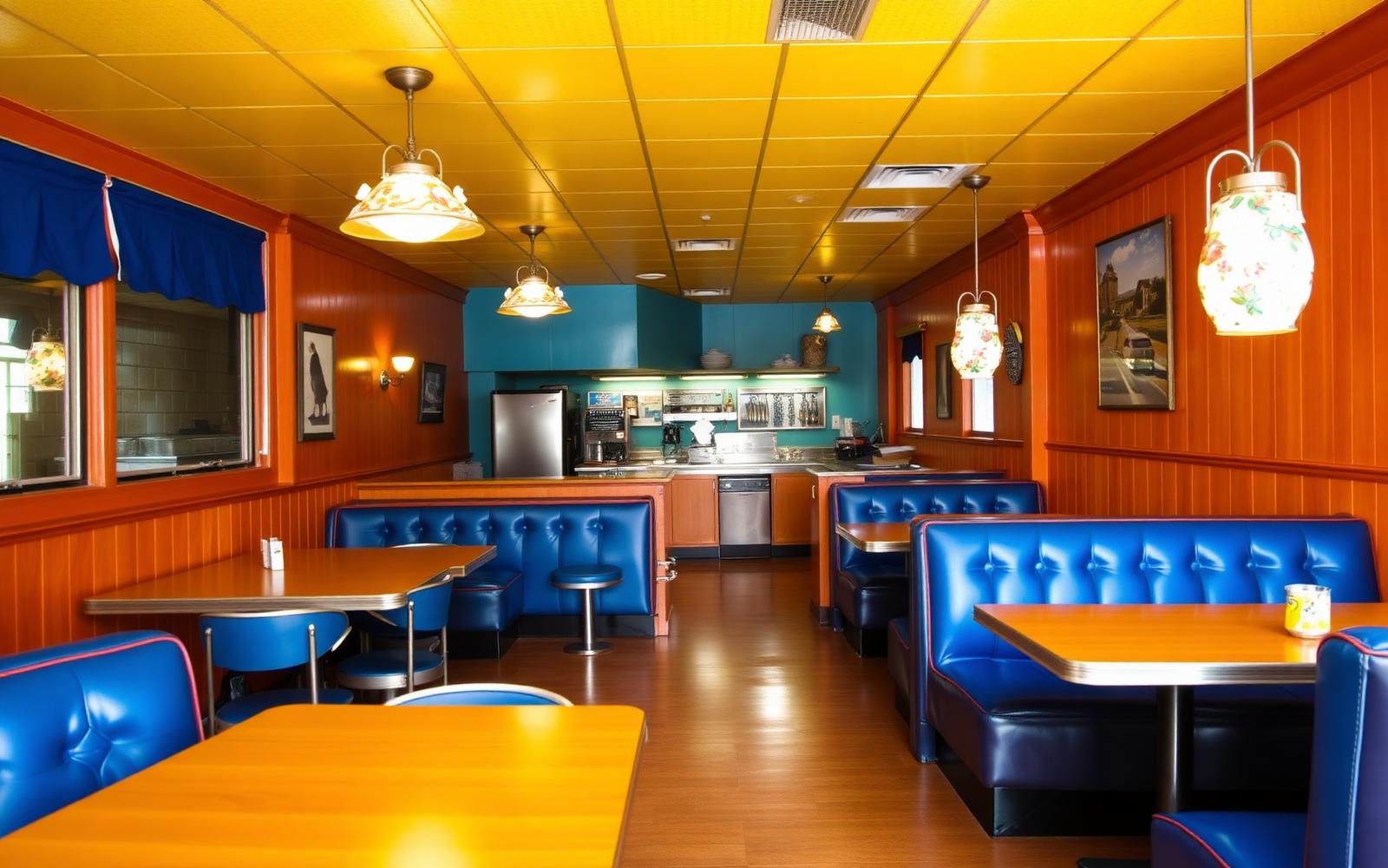 Leroy's dining room with blue vinyl booths and golden ceiling tiles